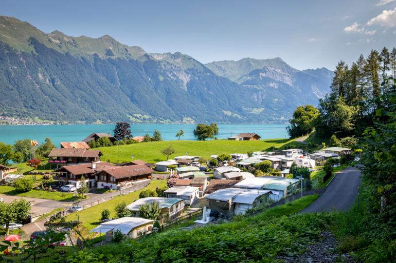 Camping Du Lac - Iseltwald, Switzerland: located just above the picturesque fishing village of Iseltwald at Lake Brienz.
