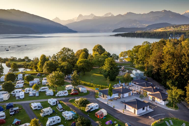 TCS Camping Gwatt, Switzerland: campsite situated right at Lake Thun, offering stunning views of the Bernese Alps.