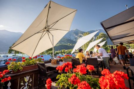 The Aarestuebli restaurant at Camping Aaregg in Brienz, directly on the shores of Lake Brienz, Switzerland