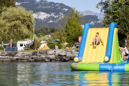 Water bouncy castle in Lake Brienz at Camping Aaregg in Brienz Switzerland