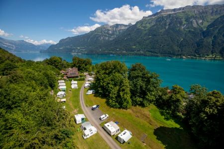 view from above onto camping talacker in ringgenberg near interlaken and lake brienz